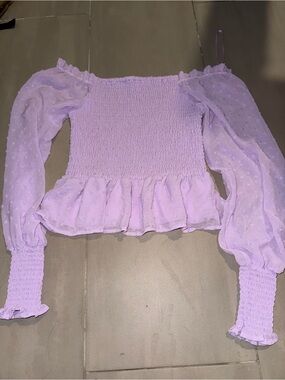 Pink Lavender Smocked Off-Shoulder Crop Top with Sheer Dot Sleeves Blouse Medium